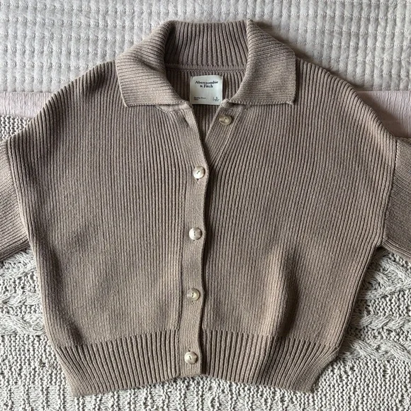 Abercrombie & Fitch Taupe Ribbed Collared Button Cardigan w/ Cuffed Sleeves - Picture 2 of 9